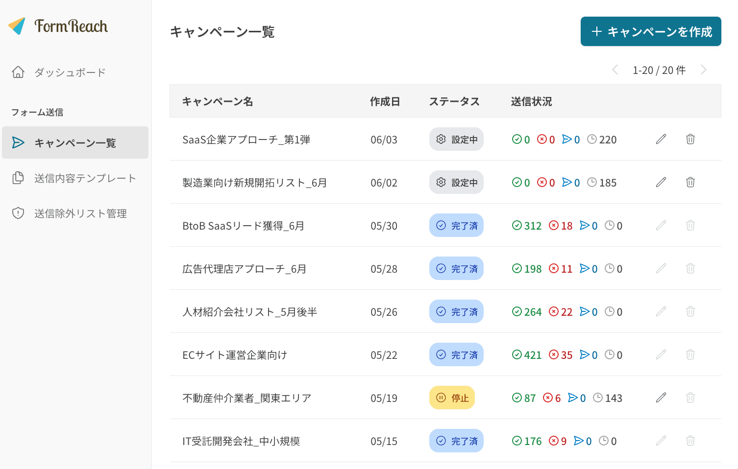 送信結果を確認する画面のイメージ